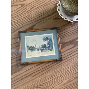 Vintage Framed European Street Scene In Wood Frame Art Print Matted